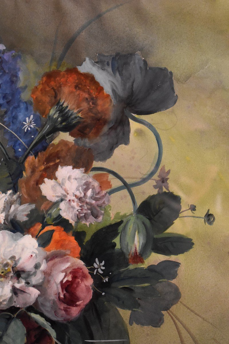 Arthur Chaplin (1869-1935), Bouquet De Fleurs Sur Entablement, Aquarelle Encadr&eacute;e-photo-4