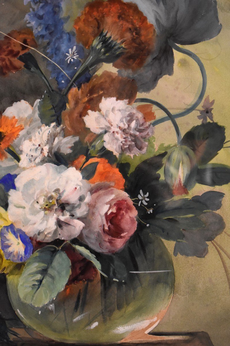 Arthur Chaplin (1869-1935), Bouquet De Fleurs Sur Entablement, Aquarelle Encadr&eacute;e-photo-5