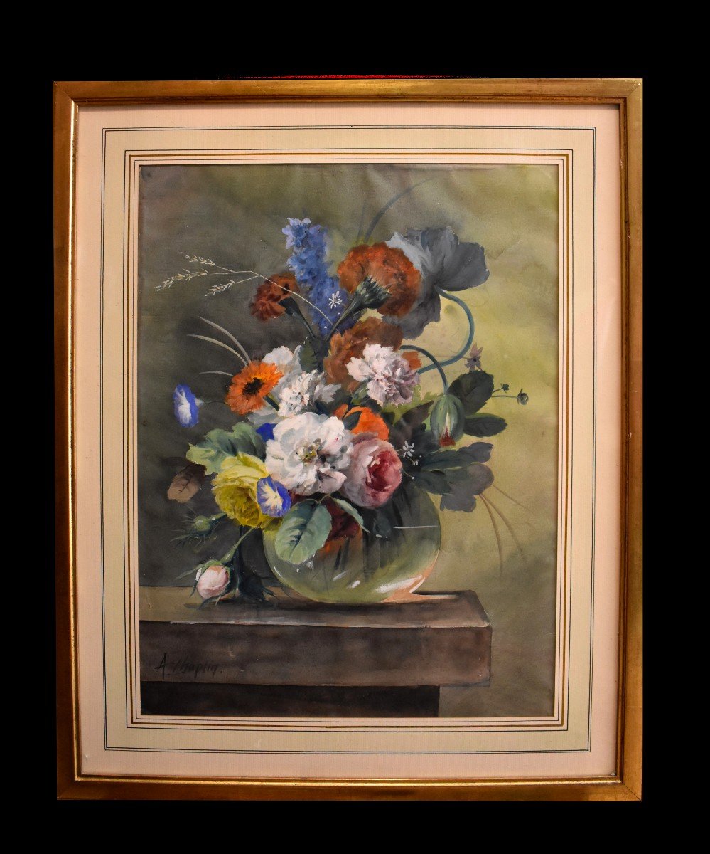 Arthur Chaplin (1869-1935), Bouquet De Fleurs Sur Entablement, Aquarelle Encadr&eacute;e