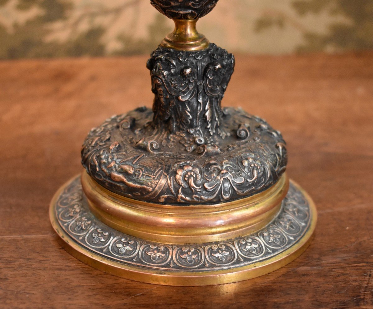 Cup On Foot, Empty Pocket With Mythological Scene Decor, Bronze, Brass And Copper, 19th Century-photo-3