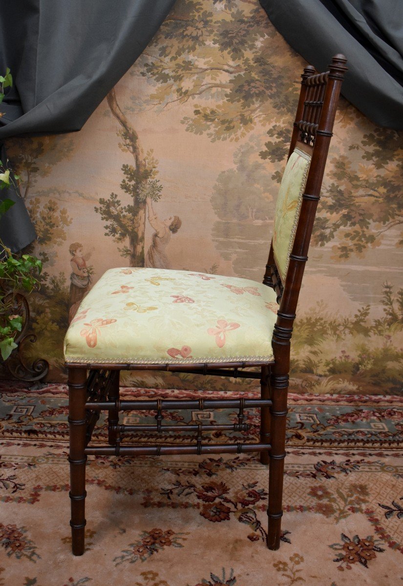 Chaise d' Epoque Napoléon III , Chaise Bambou, Tissu Aux Papillons, XIX ème-photo-3