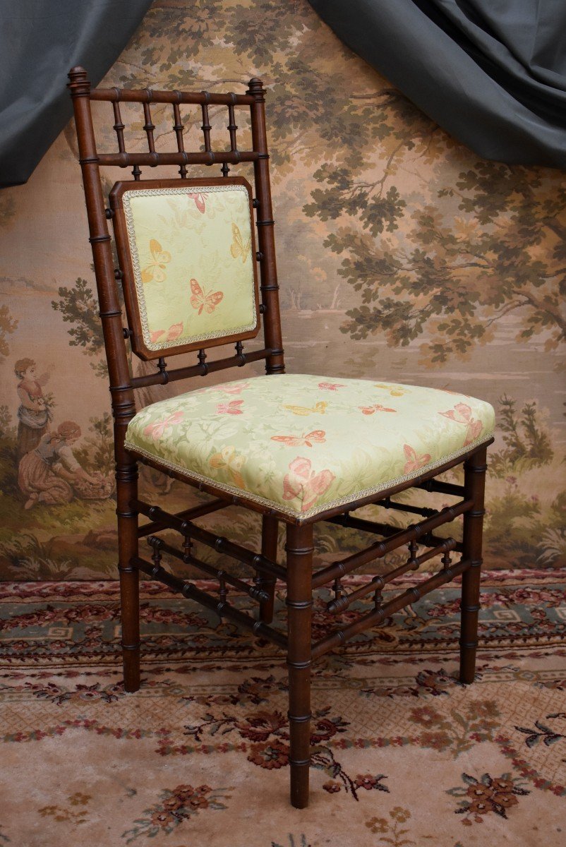 Chaise d' Epoque Napoléon III , Chaise Bambou, Tissu Aux Papillons, XIX ème-photo-3