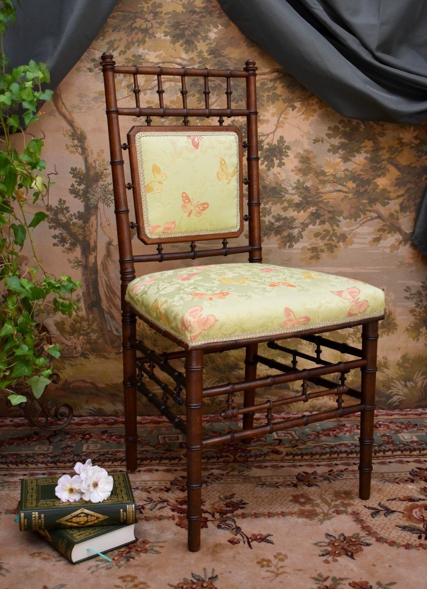 Napoleon III Period Chair, Bamboo Chair, Butterfly Fabric, 19th Century