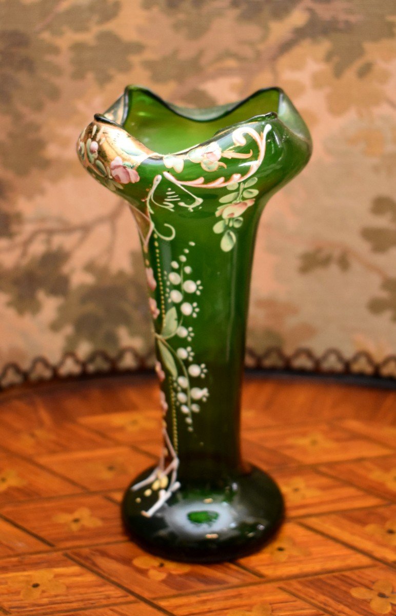 Enameled Blown Glass Vase, Hand Painted Floral Decor, Circa 1900-photo-3