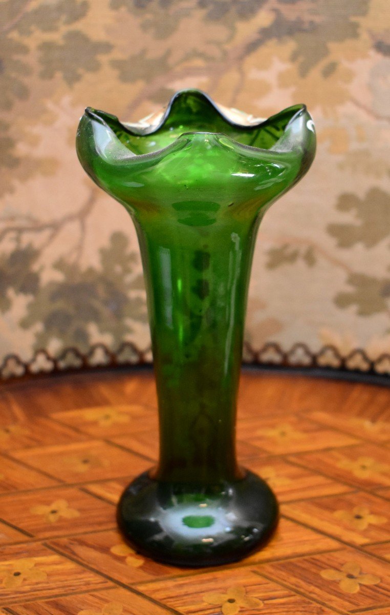 Enameled Blown Glass Vase, Hand Painted Floral Decor, Circa 1900-photo-4