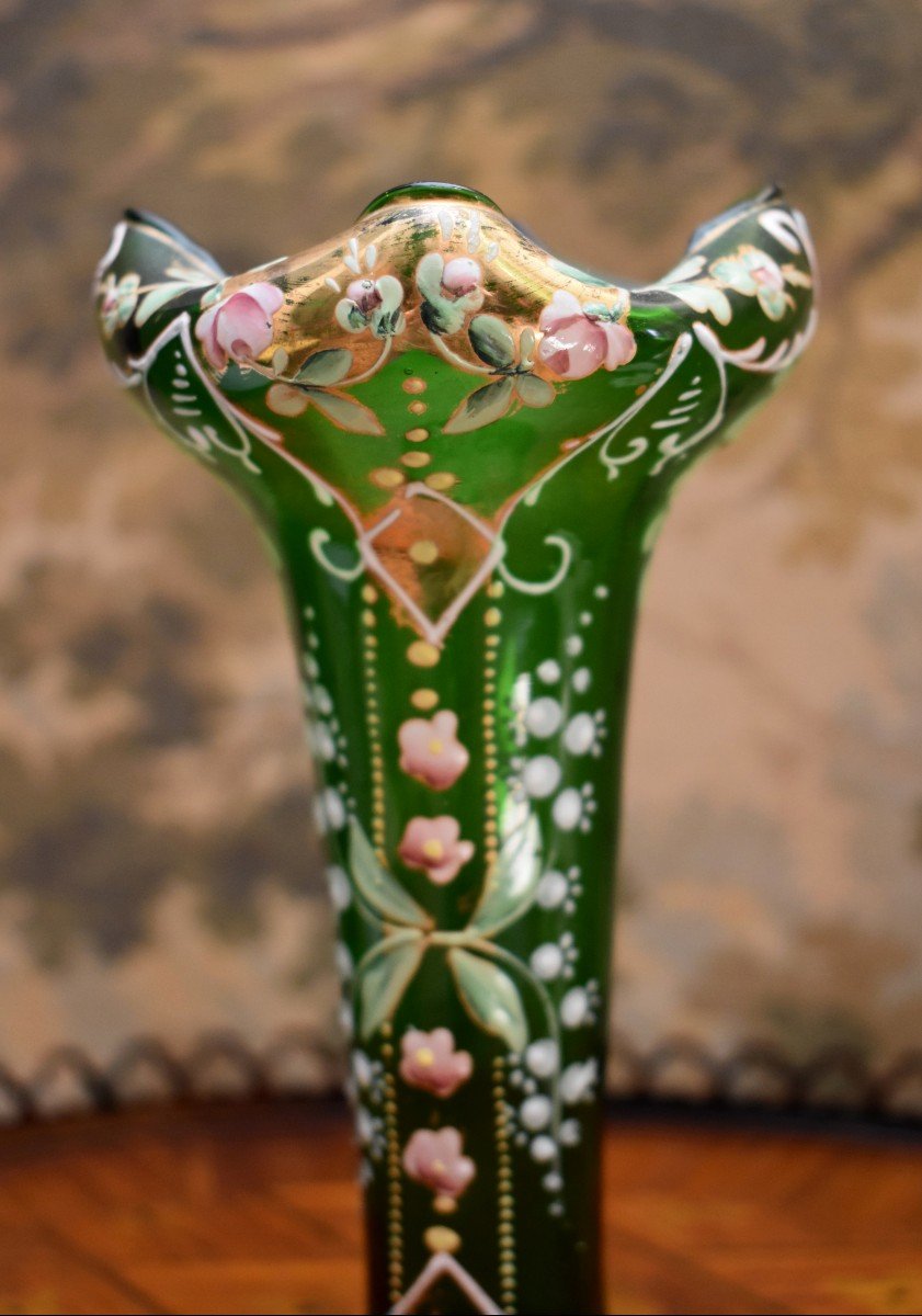 Enameled Blown Glass Vase, Hand Painted Floral Decor, Circa 1900-photo-2