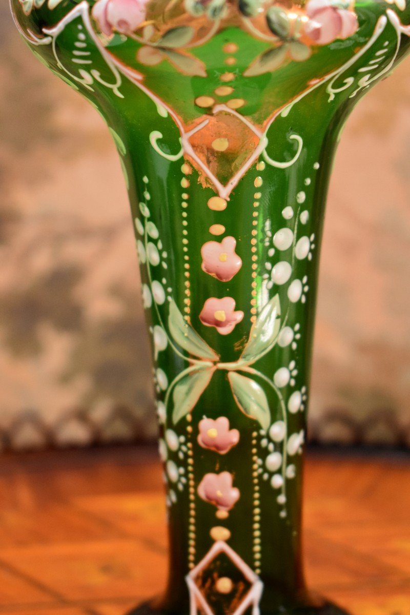 Enameled Blown Glass Vase, Hand Painted Floral Decor, Circa 1900-photo-5