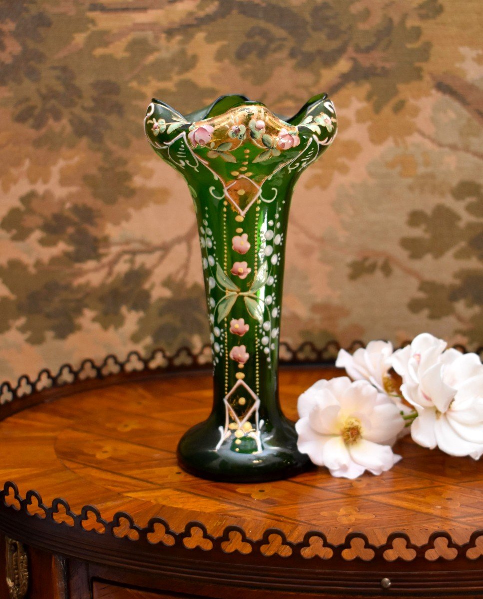 Enameled Blown Glass Vase, Hand Painted Floral Decor, Circa 1900