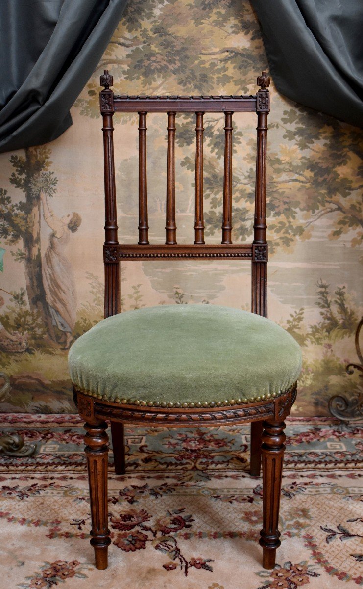 Chaise De Style Louis XVI En Noyer, Tissu Velours, Milieu XIX ème-photo-2