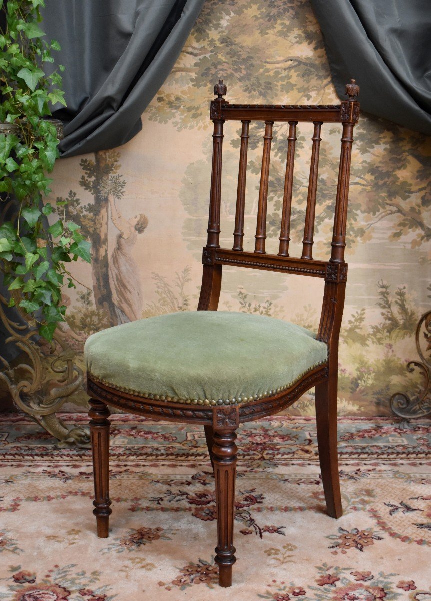 Louis XVI Style Chair In Walnut, Velvet Fabric, Mid 19th Century-photo-3