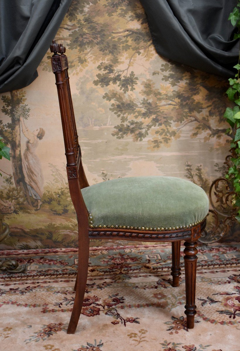 Chaise De Style Louis XVI En Noyer, Tissu Velours, Milieu XIX ème-photo-3