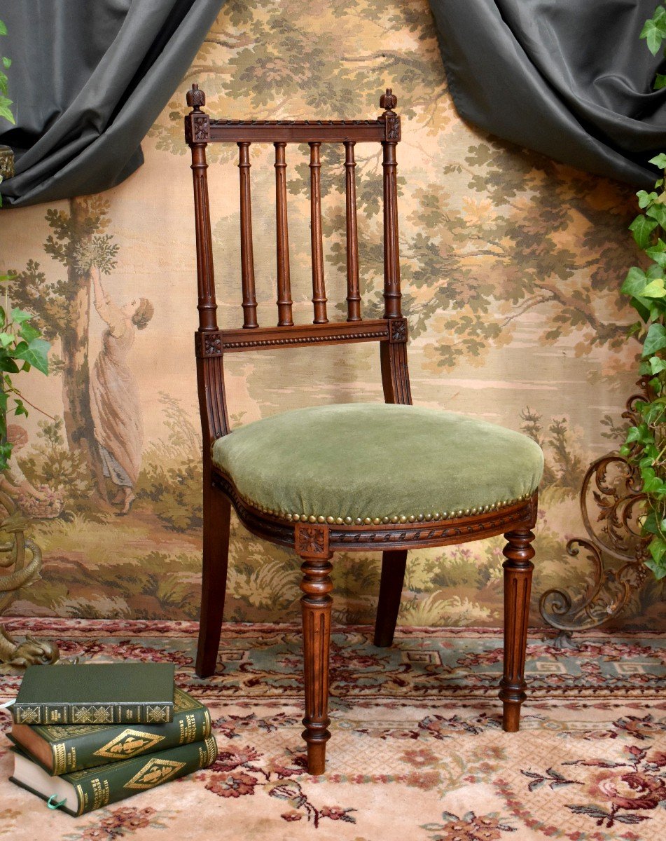 Chaise De Style Louis XVI En Noyer, Tissu Velours, Milieu XIX ème