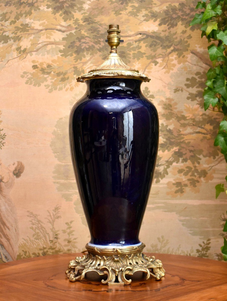 Large Porcelain Lamp Base In Blue Kiln With Iridescent Reflections, Gilt Bronze Frame, 19th Century-photo-2