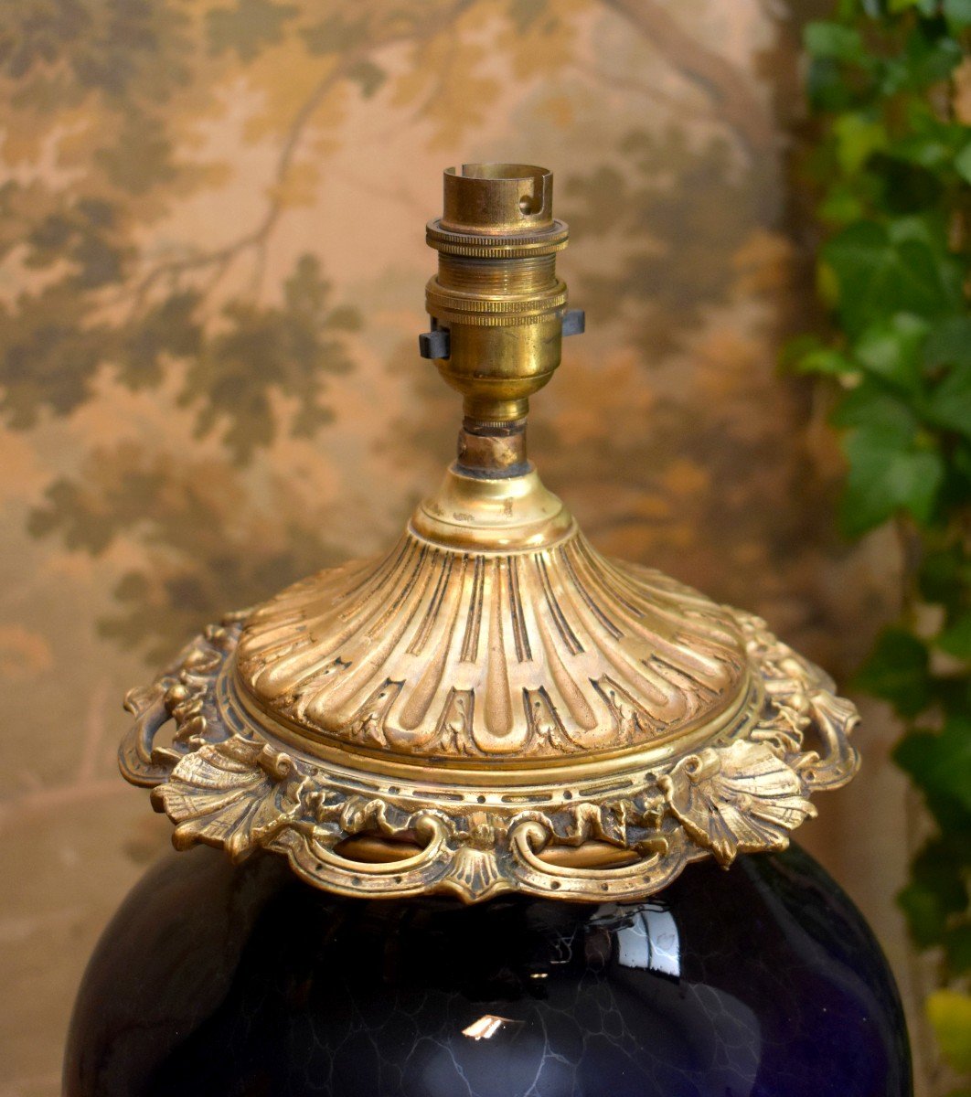 Large Porcelain Lamp Base In Blue Kiln With Iridescent Reflections, Gilt Bronze Frame, 19th Century-photo-3