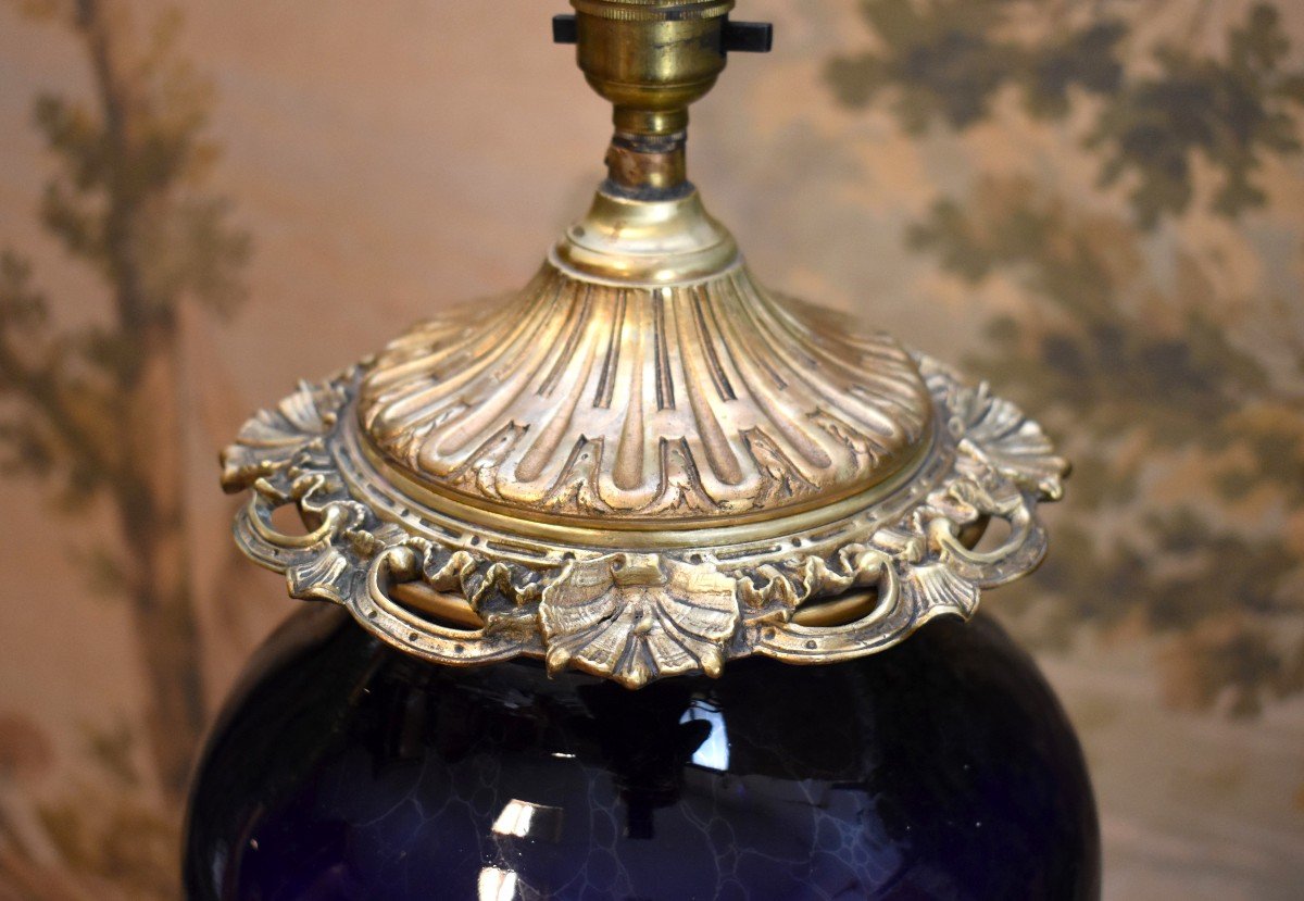 Large Porcelain Lamp Base In Blue Kiln With Iridescent Reflections, Gilt Bronze Frame, 19th Century-photo-4