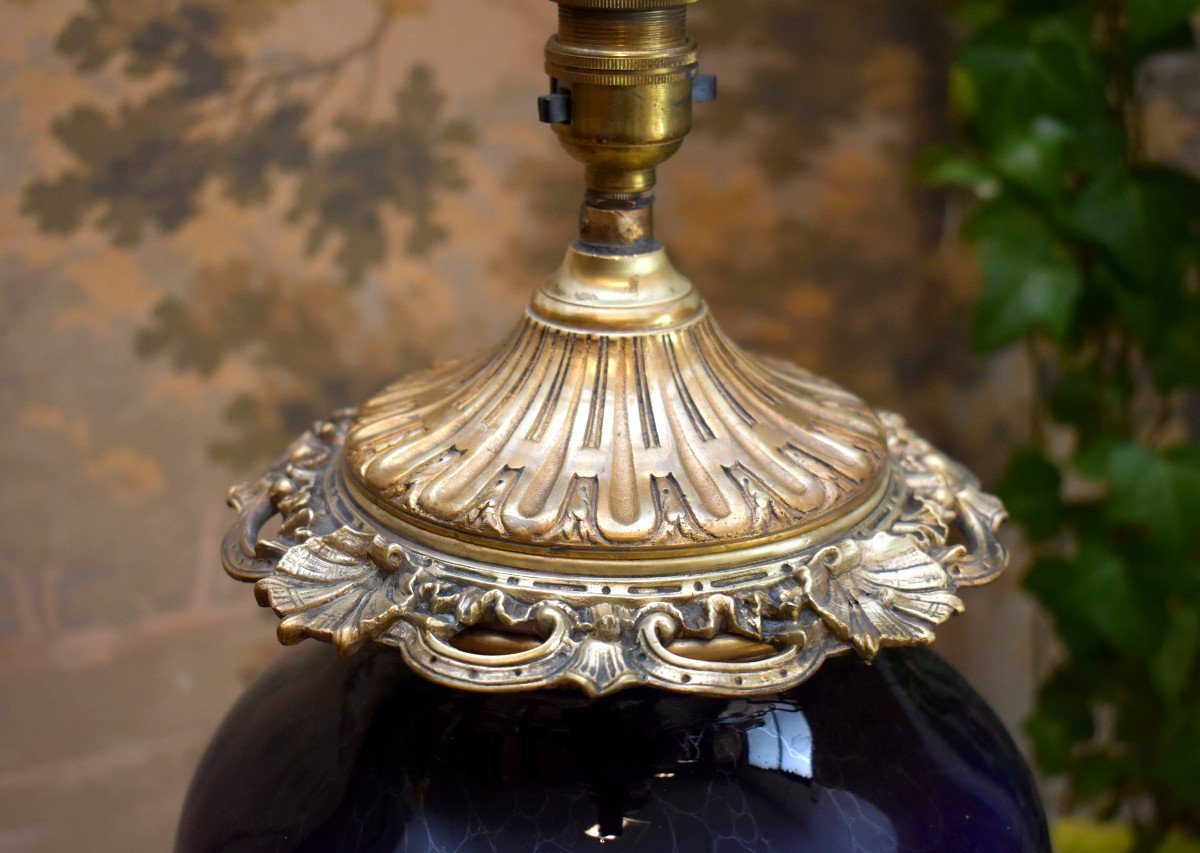 Large Porcelain Lamp Base In Blue Kiln With Iridescent Reflections, Gilt Bronze Frame, 19th Century-photo-1