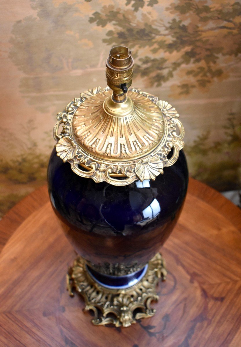 Large Porcelain Lamp Base In Blue Kiln With Iridescent Reflections, Gilt Bronze Frame, 19th Century-photo-4