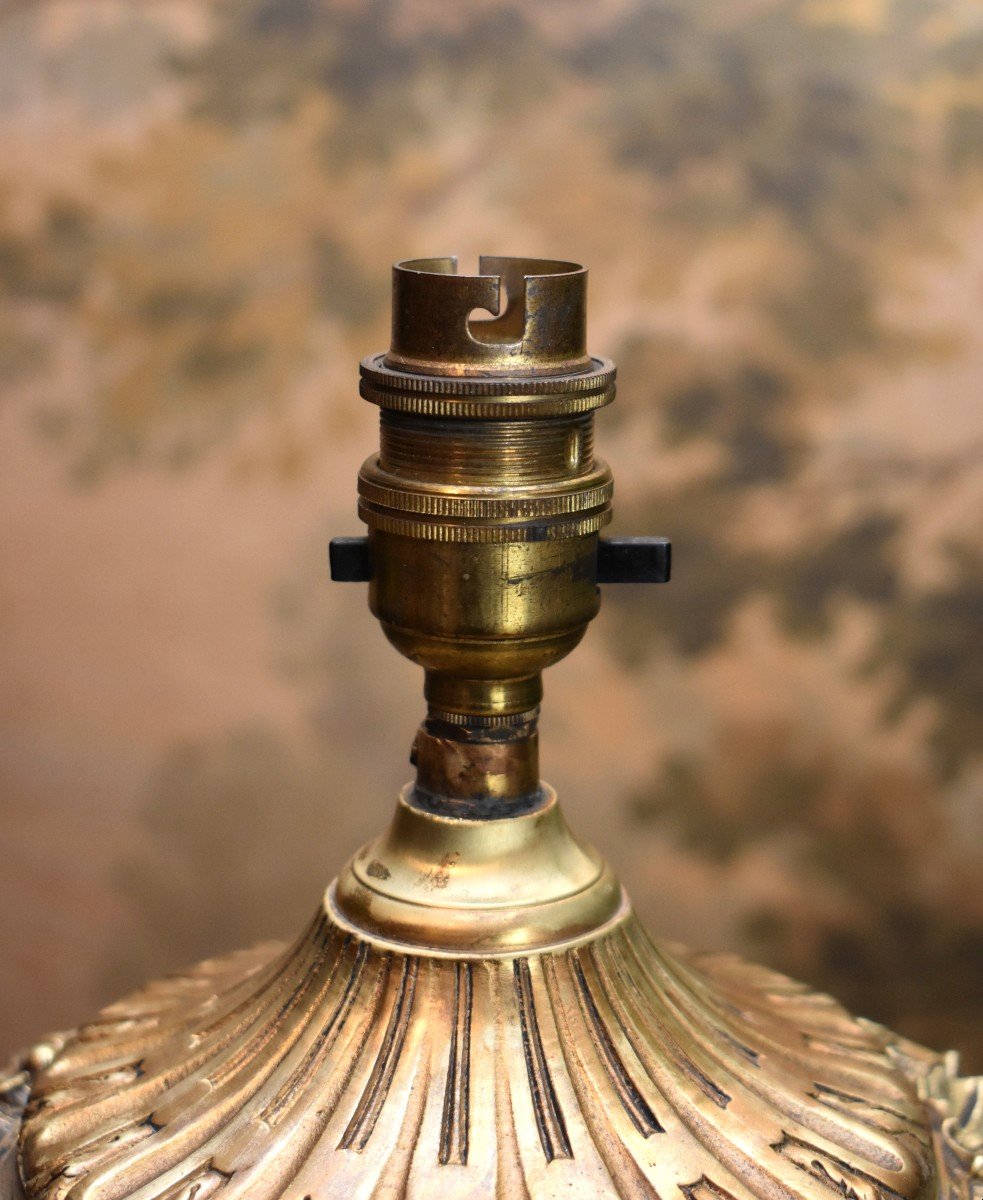 Large Porcelain Lamp Base In Blue Kiln With Iridescent Reflections, Gilt Bronze Frame, 19th Century-photo-5