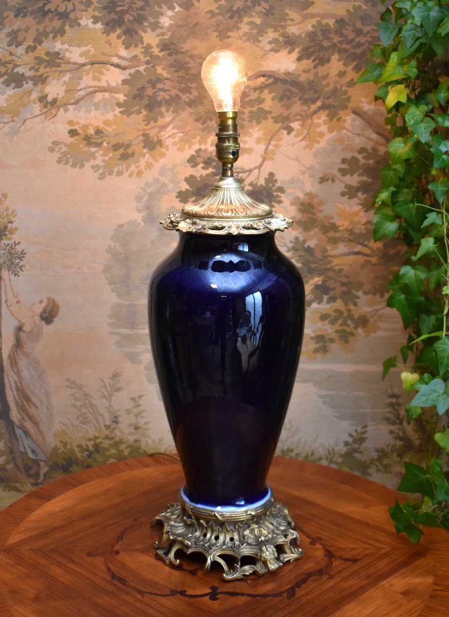 Large Porcelain Lamp Base In Blue Kiln With Iridescent Reflections, Gilt Bronze Frame, 19th Century-photo-6