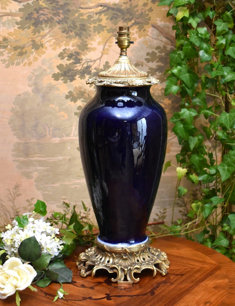 Large Porcelain Lamp Base In Blue Kiln With Iridescent Reflections, Gilt Bronze Frame, 19th Century