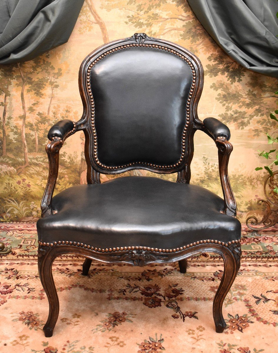 Fauteuil Cabriolet d'époque Louis XV,  Cuir Noir, XVIII ème-photo-2