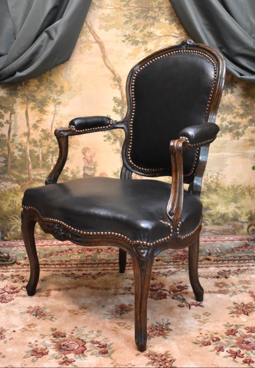 Fauteuil Cabriolet d'époque Louis XV,  Cuir Noir, XVIII ème-photo-3