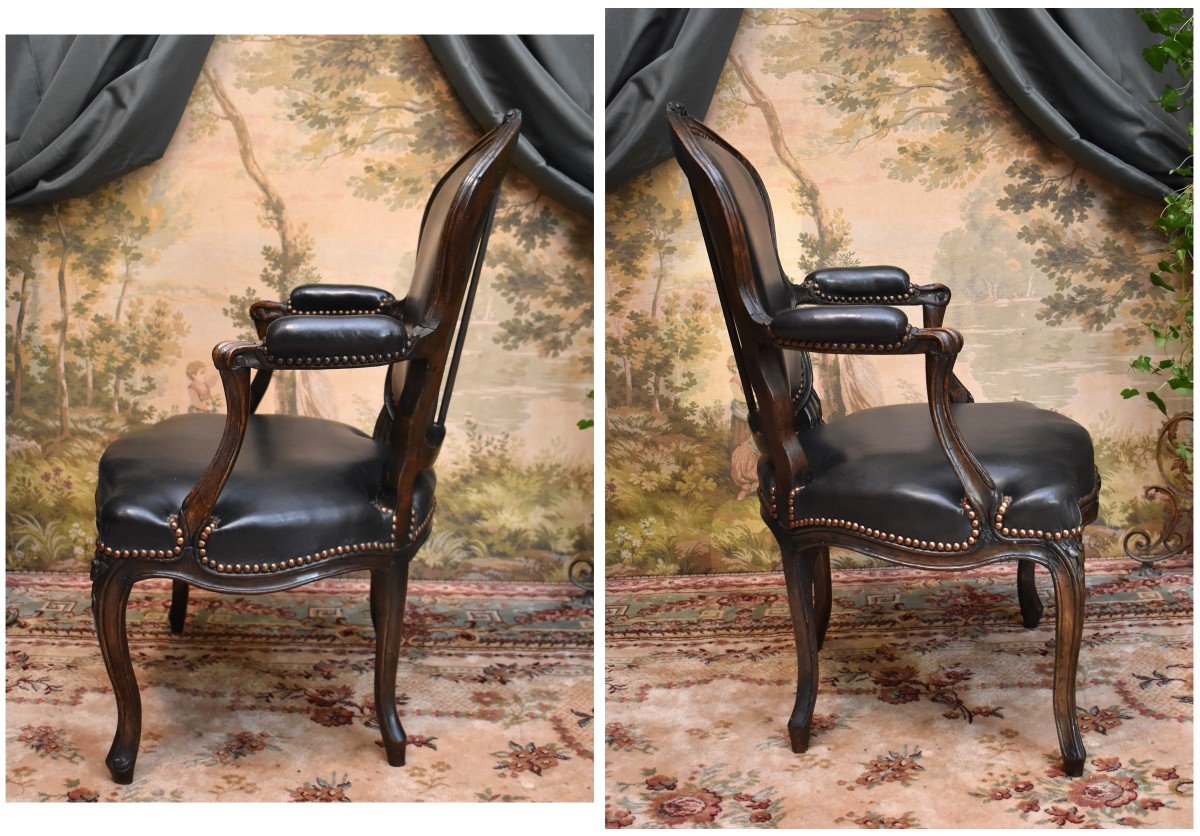 Fauteuil Cabriolet d'époque Louis XV,  Cuir Noir, XVIII ème-photo-4