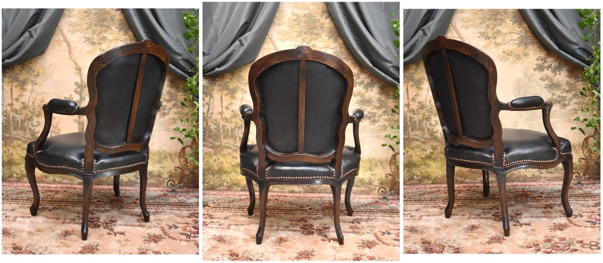 Fauteuil Cabriolet d'époque Louis XV,  Cuir Noir, XVIII ème-photo-1