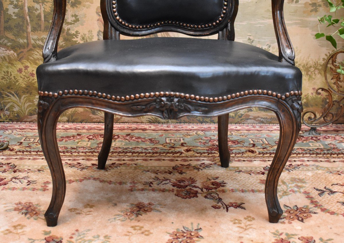 Fauteuil Cabriolet d'époque Louis XV,  Cuir Noir, XVIII ème-photo-3