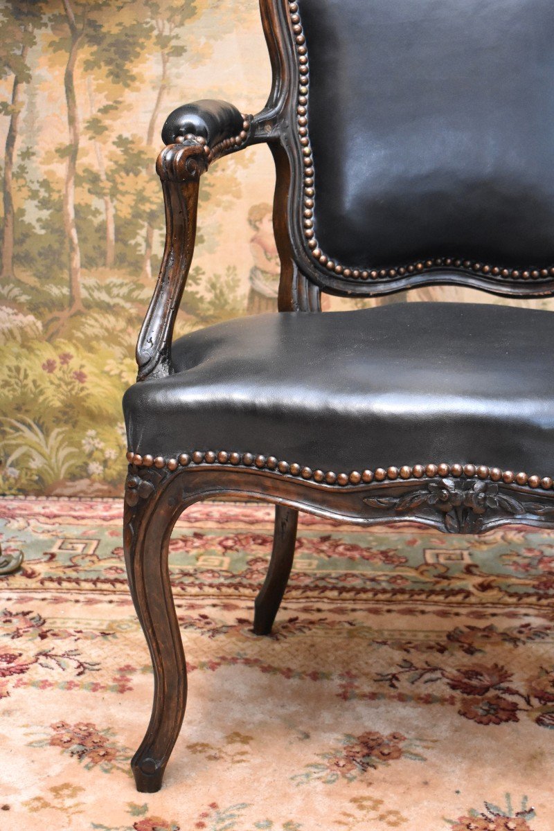 Fauteuil Cabriolet d'époque Louis XV,  Cuir Noir, XVIII ème-photo-4