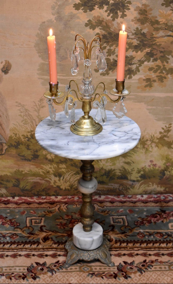 Saddle, Small Pedestal Table, Side Table In Grey Marble, Bronze And Gilded Brass-photo-2