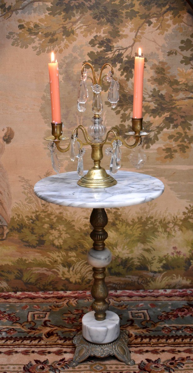 Sellette, Petit Guéridon, Table d'Appoint En Marbre Gris, Bronze Et Laiton Doré-photo-3