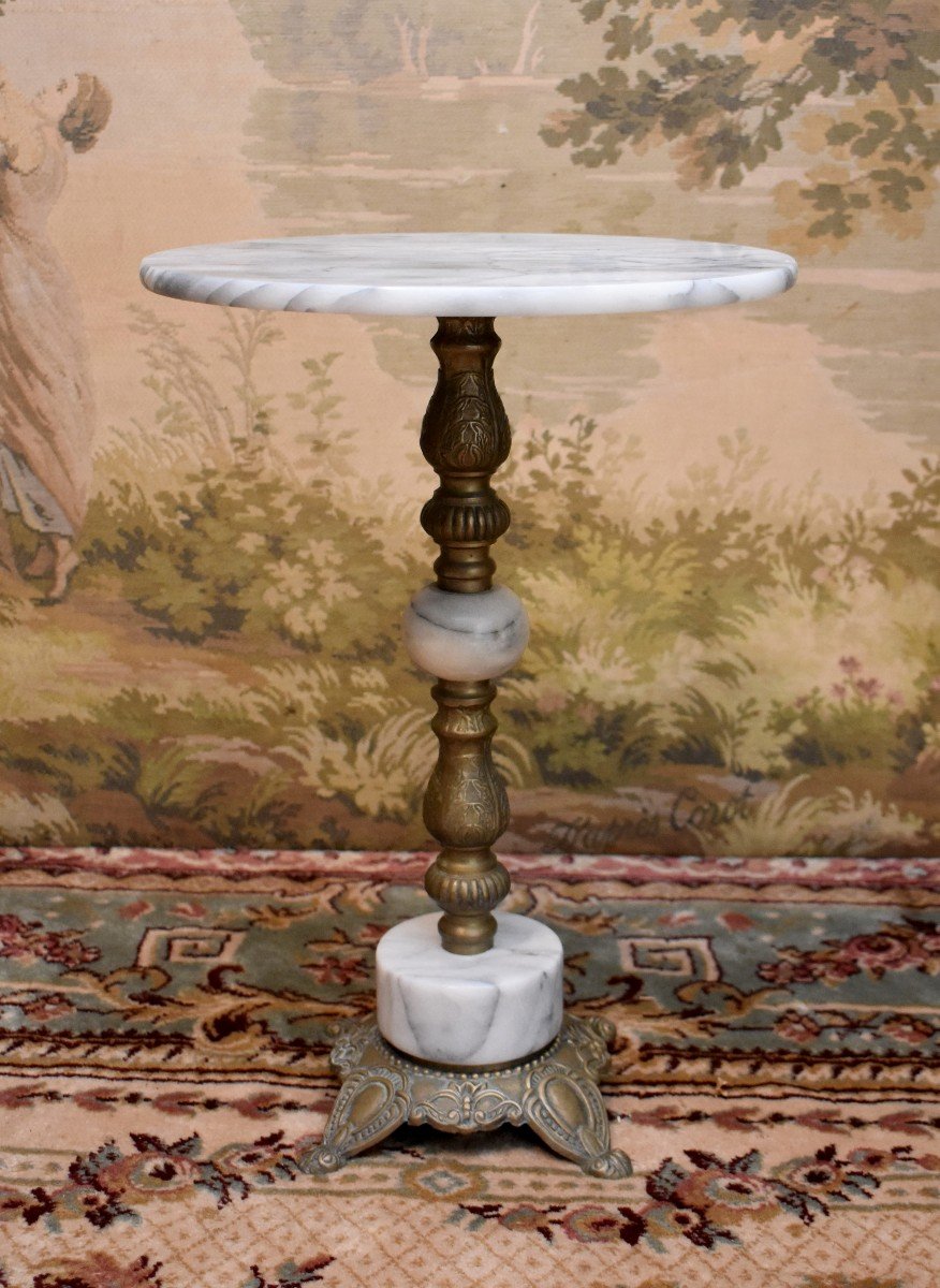 Saddle, Small Pedestal Table, Side Table In Grey Marble, Bronze And Gilded Brass-photo-1