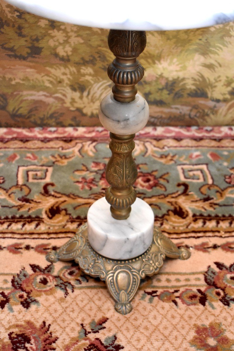 Saddle, Small Pedestal Table, Side Table In Grey Marble, Bronze And Gilded Brass-photo-2