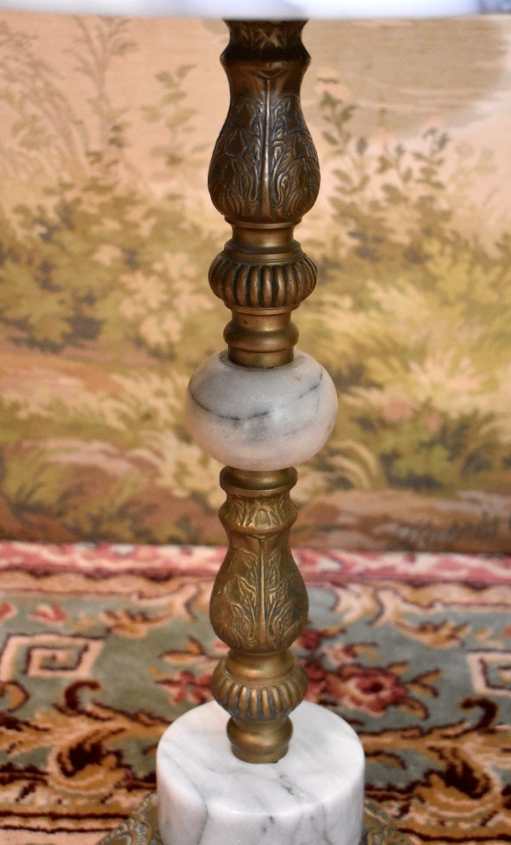 Saddle, Small Pedestal Table, Side Table In Grey Marble, Bronze And Gilded Brass-photo-3