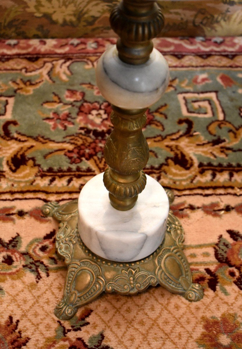 Saddle, Small Pedestal Table, Side Table In Grey Marble, Bronze And Gilded Brass-photo-4