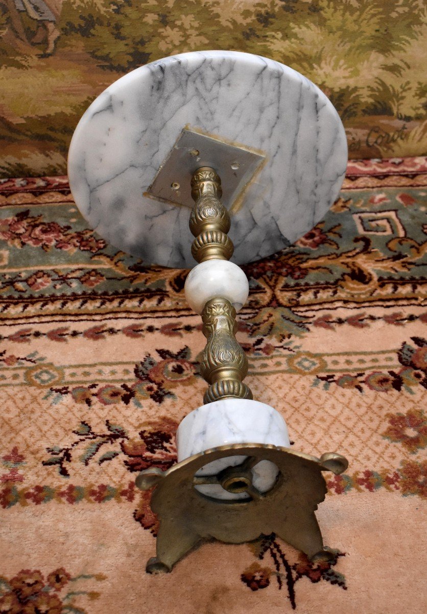 Saddle, Small Pedestal Table, Side Table In Grey Marble, Bronze And Gilded Brass-photo-5