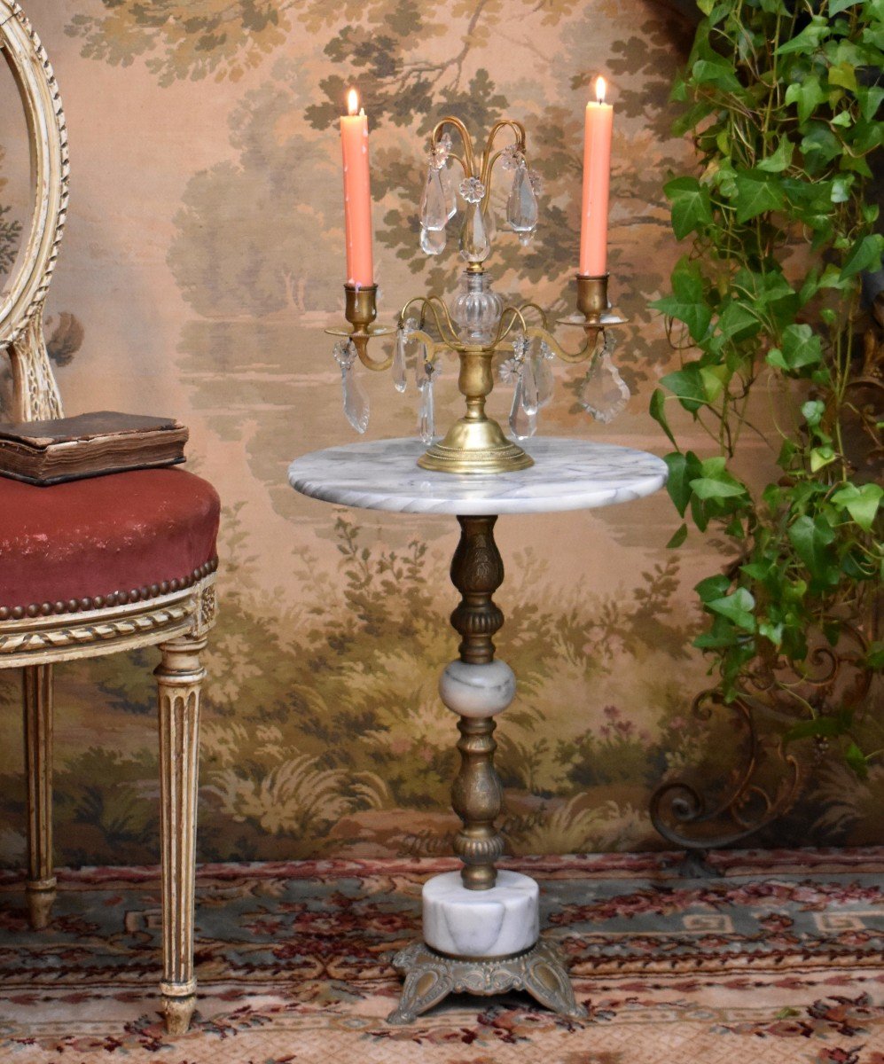 Saddle, Small Pedestal Table, Side Table In Grey Marble, Bronze And Gilded Brass