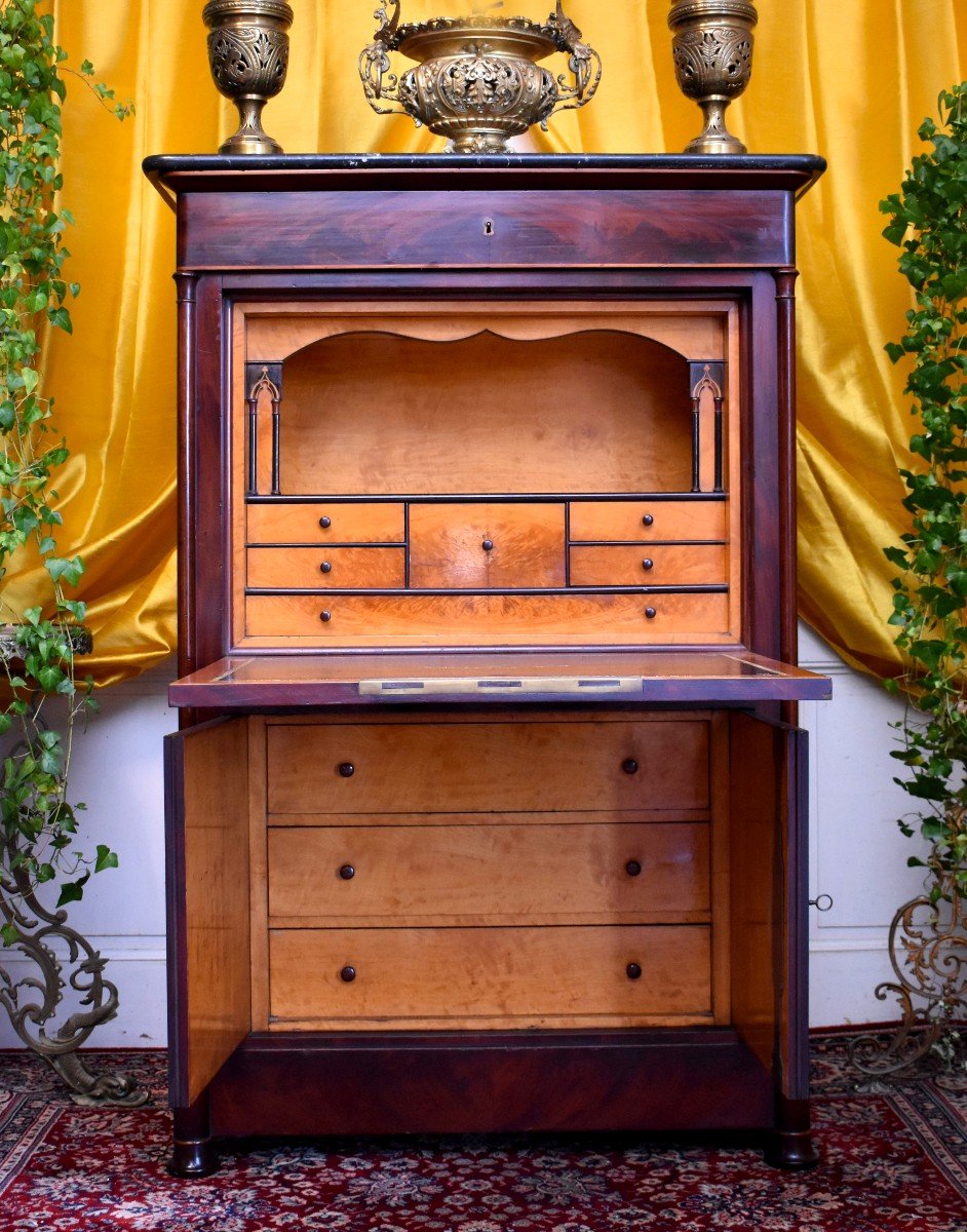 Charles X Secretary In Mahogany And Precious Wood Marquetry, Decorated With Gothic Arches-photo-3