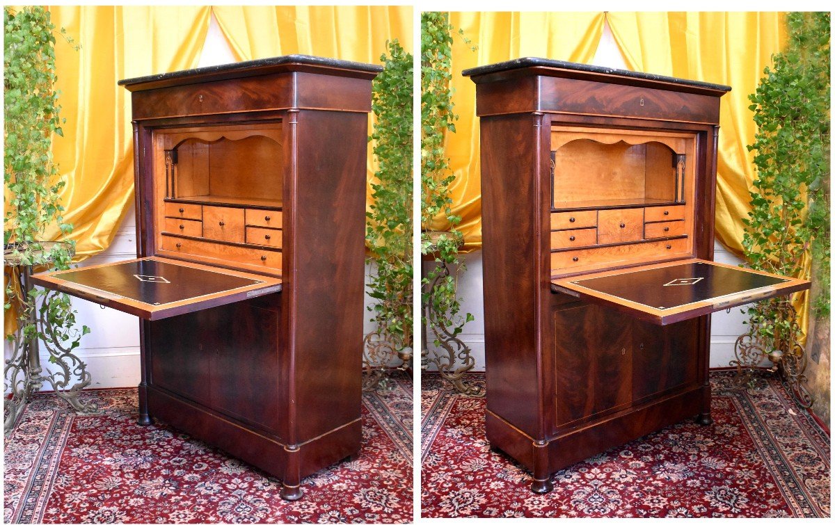 Charles X Secretary In Mahogany And Precious Wood Marquetry, Decorated With Gothic Arches-photo-3