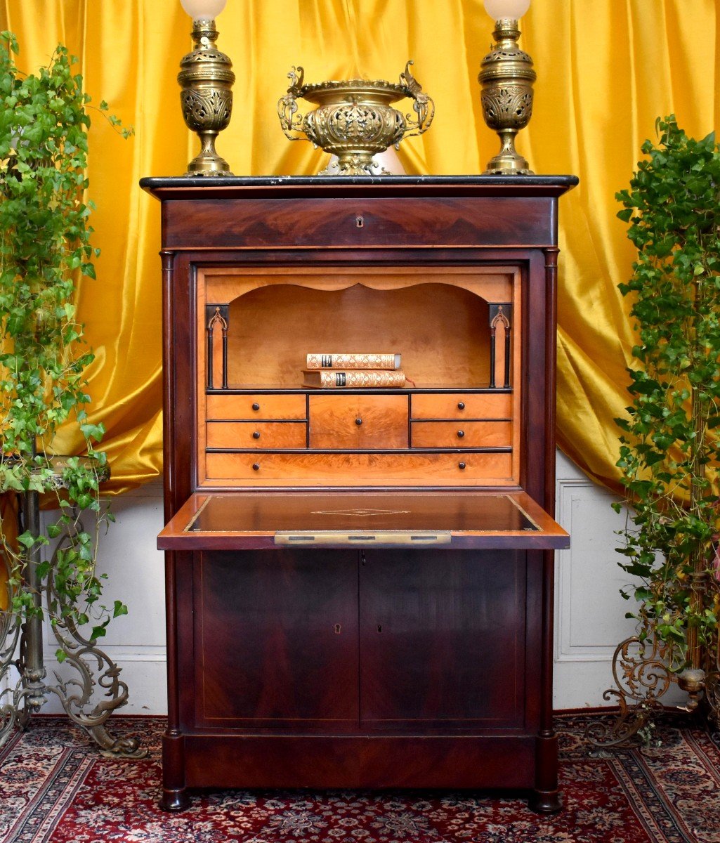 Charles X Secretary In Mahogany And Precious Wood Marquetry, Decorated With Gothic Arches