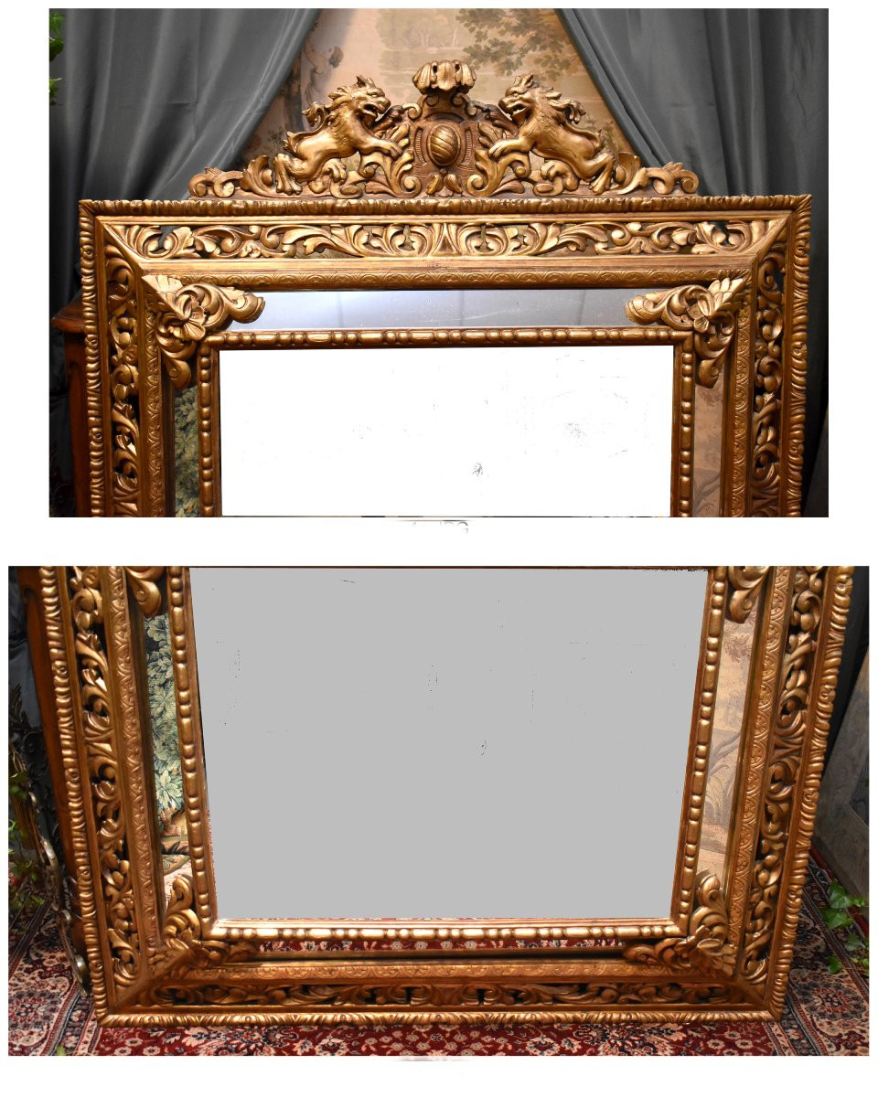 Horizontal And Rectangular Mirror With Glazing Beads In Gilded Wood, Lion Decor, 19th Century-photo-4