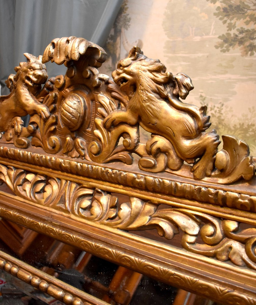 Horizontal And Rectangular Mirror With Glazing Beads In Gilded Wood, Lion Decor, 19th Century-photo-4