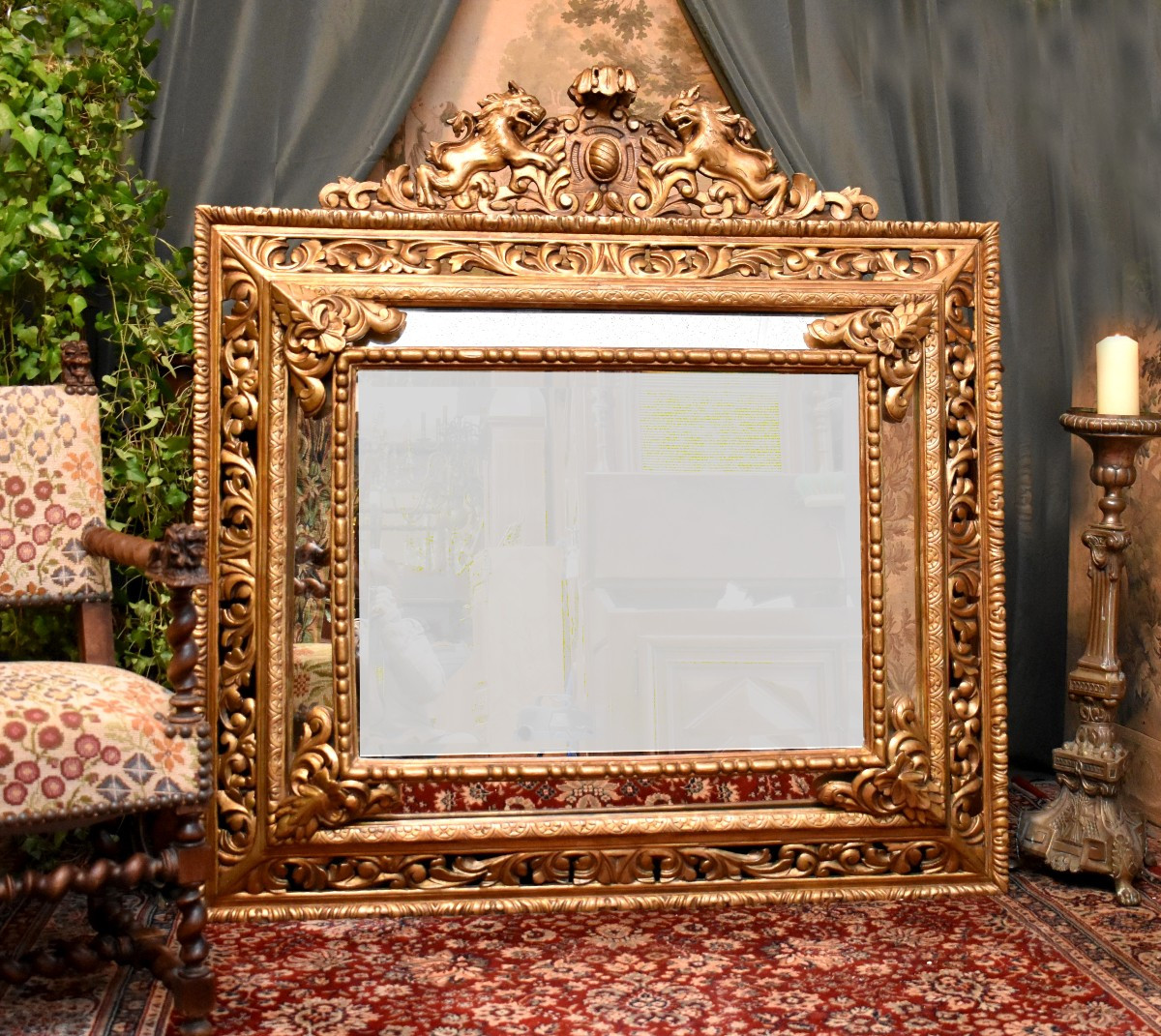 Horizontal And Rectangular Mirror With Glazing Beads In Gilded Wood, Lion Decor, 19th Century