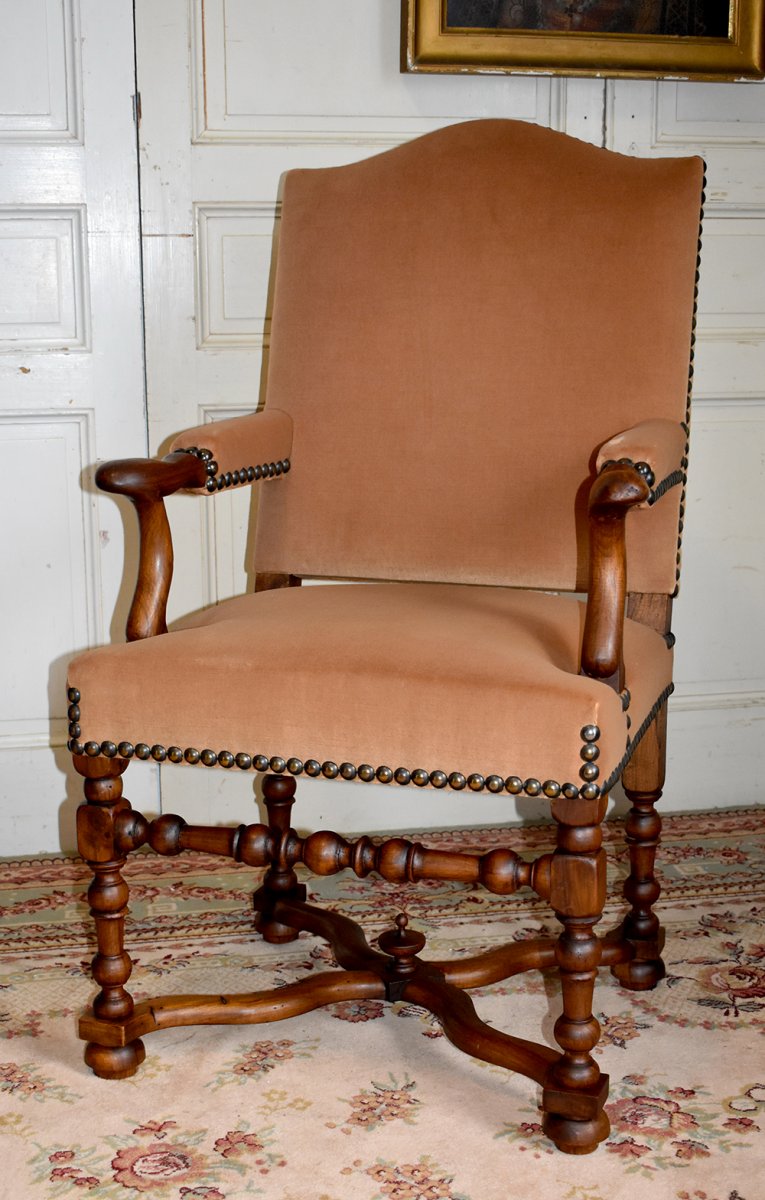 Louis XIV Style Armchair With Spacer, Velvet Fabric, XXth-photo-6