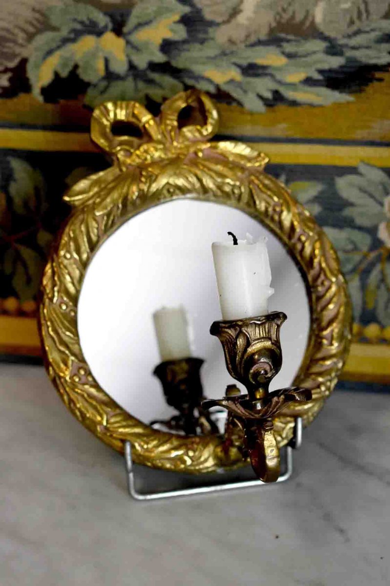 Paire d'Appliques Miroirs En Bronze Doré, Style Louis XVI, Eclairage Bougie, Epoque XX ème-photo-3