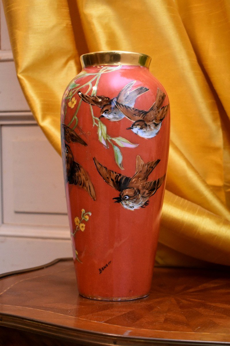 Vase With Birds Signed Benoît, Limoges Porcelain, Hand Painted Decor, Twentieth-photo-3