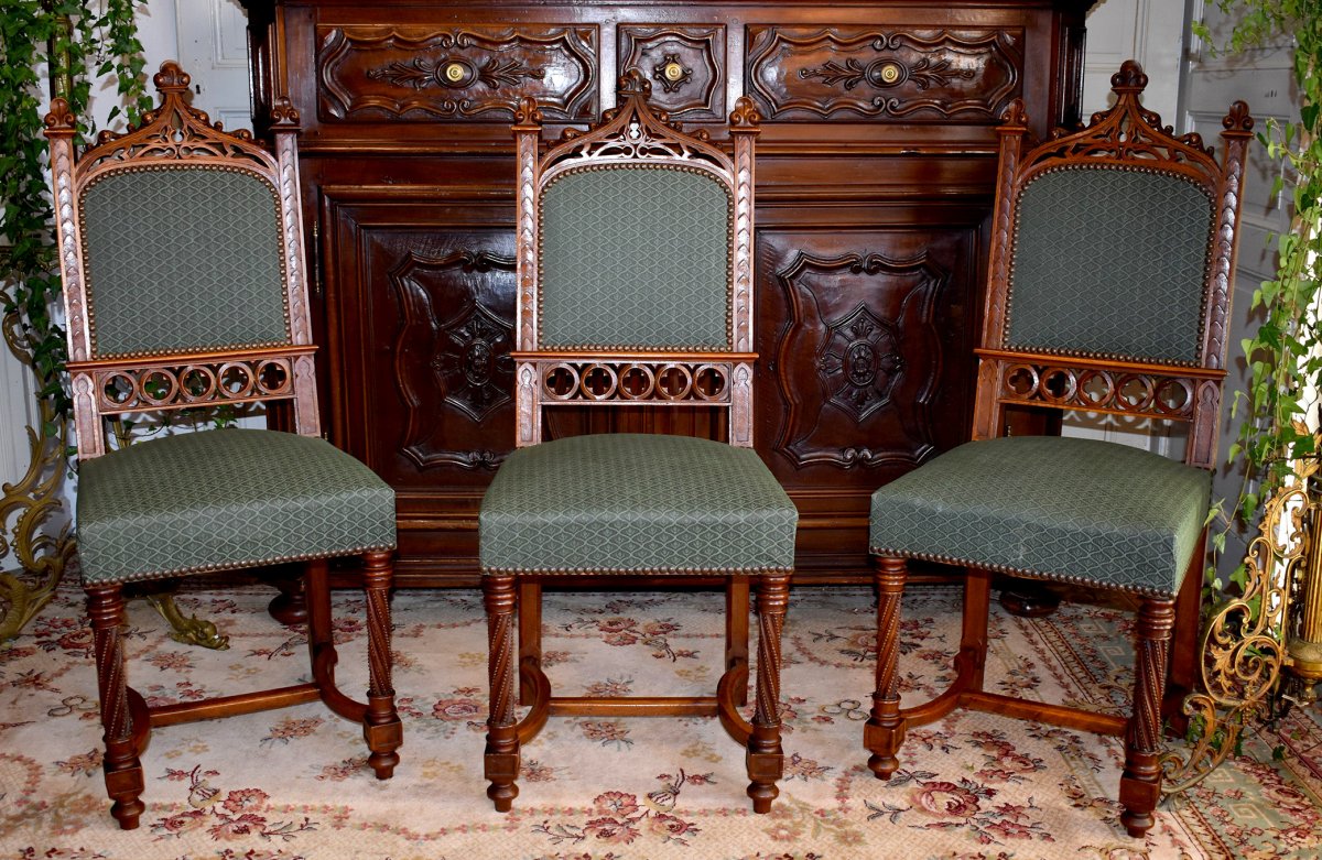 Suite Of Six Gothic Style Chairs, Cathedral File, Walnut, XIXth Epoque-photo-2