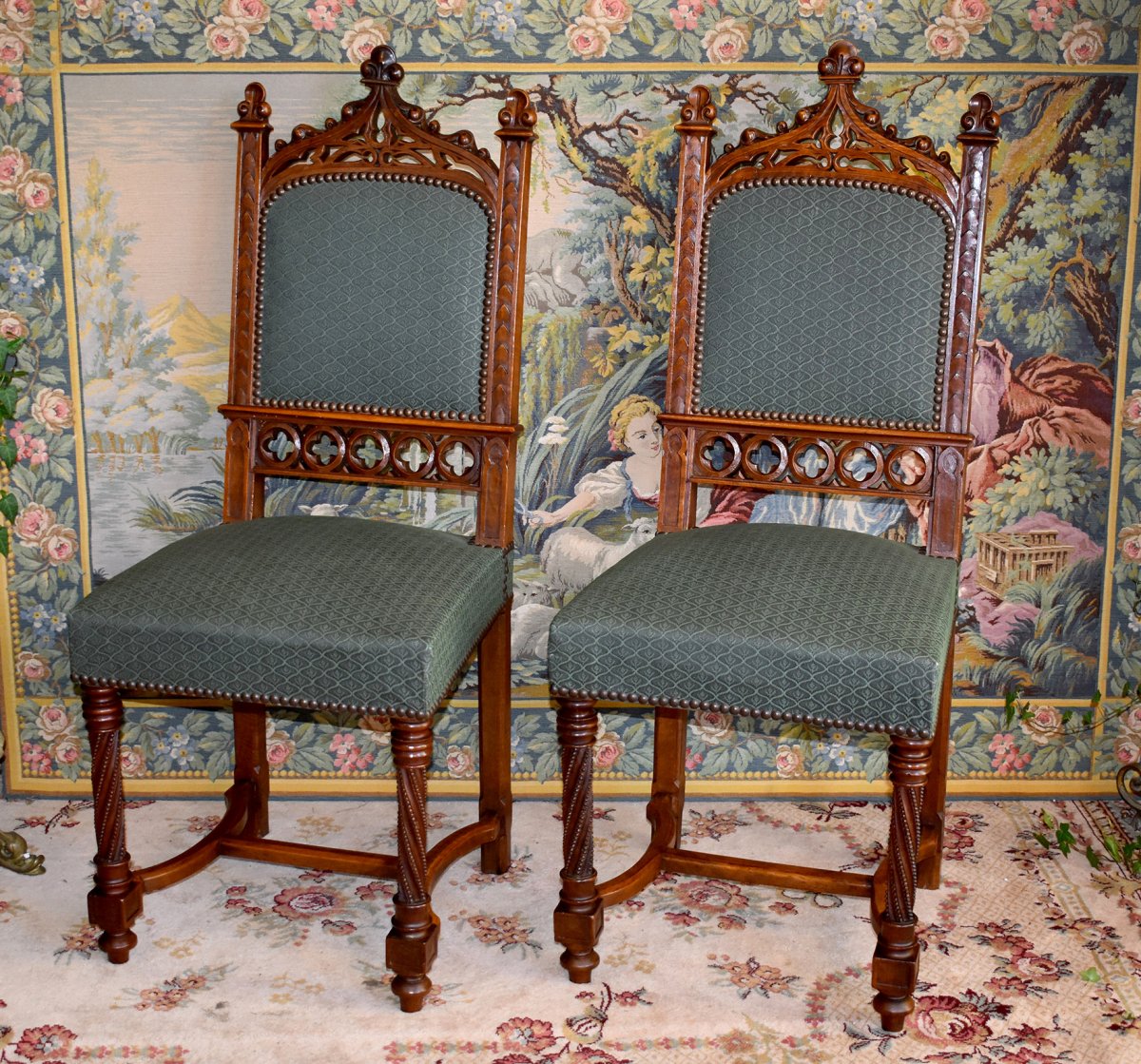 Suite Of Six Gothic Style Chairs, Cathedral File, Walnut, XIXth Epoque-photo-1