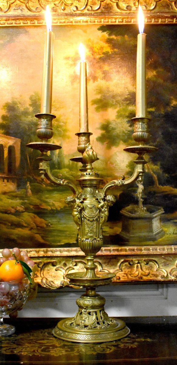 Pair Of Gilt Bronze Candelabra, Candlesticks, Candlesticks, Decor With Putti And Lion Mufles-photo-3